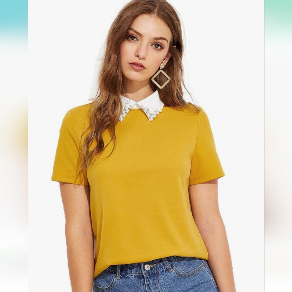Beaded collar short sleeve top